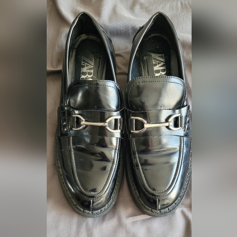 Zara Patent Black Loafers with Silver Buckle